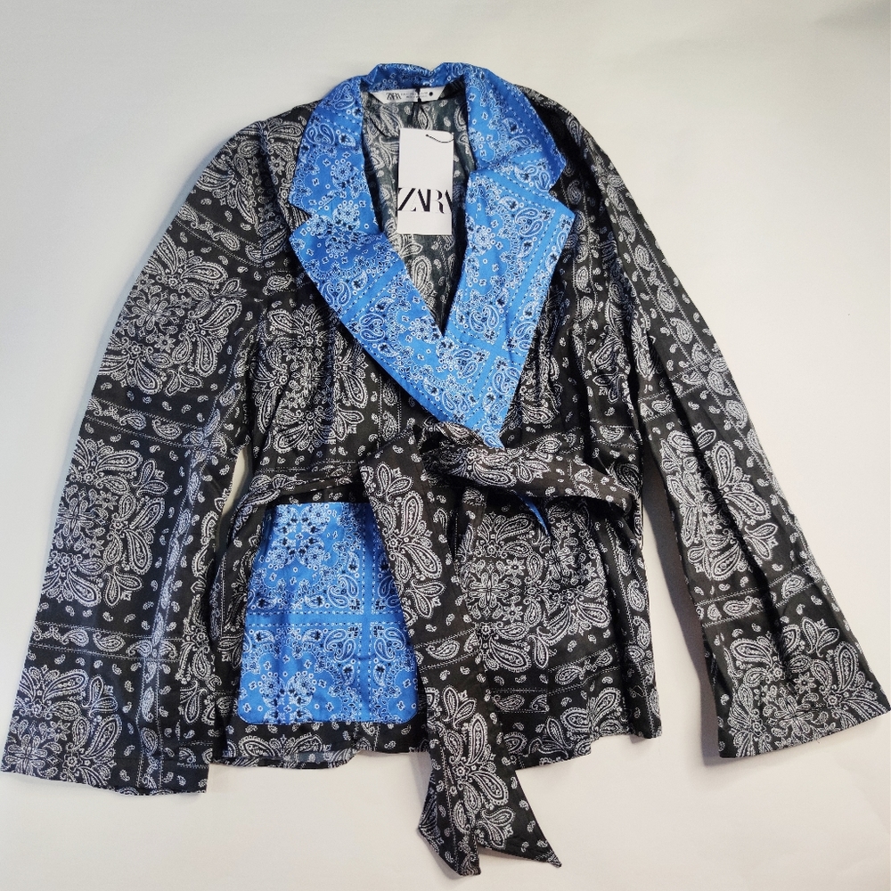 NWT ZARA printed bandana wrap blouse size XL black